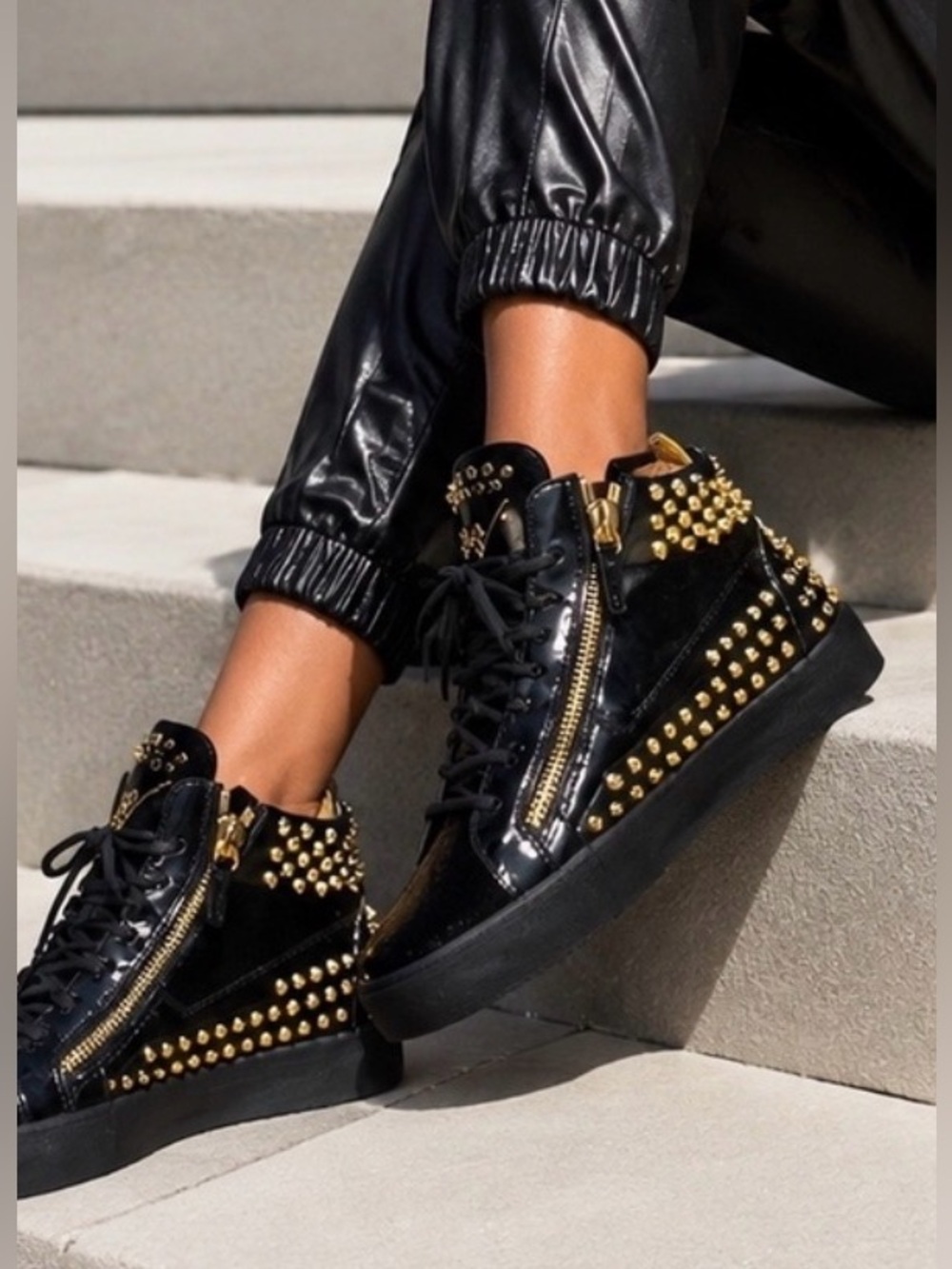 Giuseppe Zanotti Kriss Black Velvet Gold Studded Mid-Top Sneakers Size 41 🇮🇹